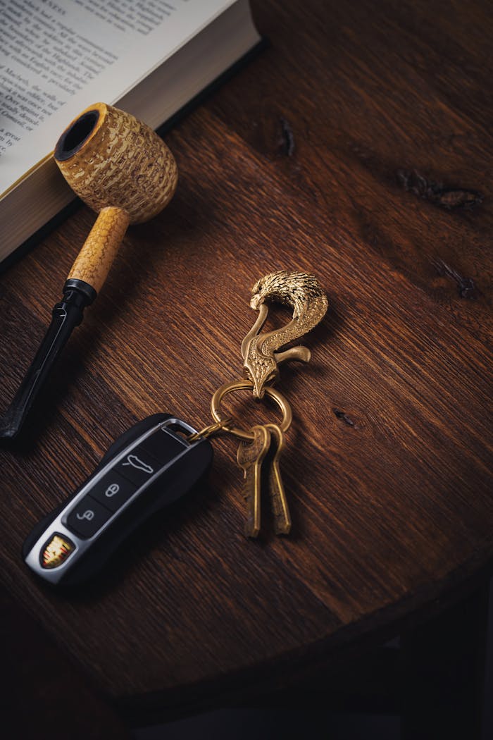 our-story-02 Artistic display of a dragon keychain with a car key on a wooden table, featuring a classic pipe and open book.